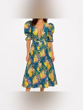 NWT - FARM Rio Star Fruits Floral Midi Dress Blue Size Large